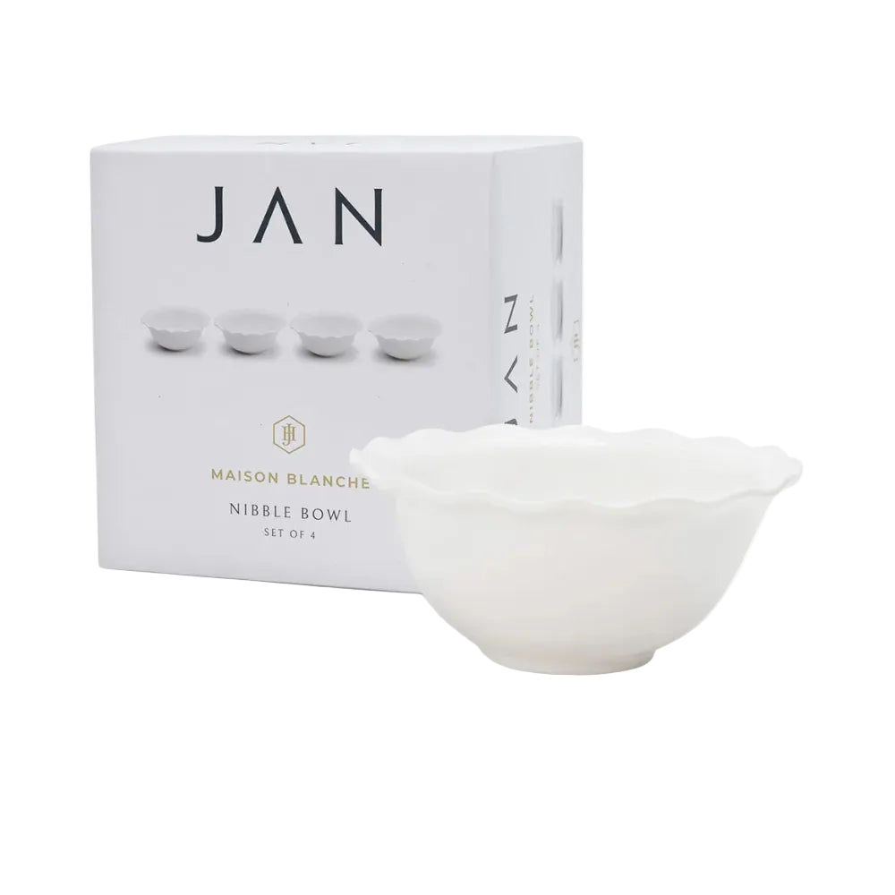 White nibble bowl with packaging displaying 'JAN' and 'Maison Blanche' on a white background
