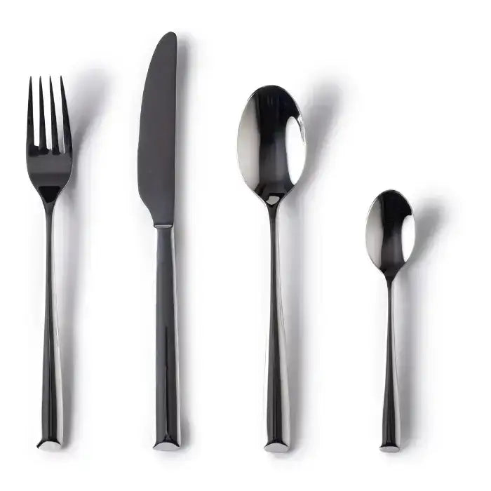 Set of black cutlery including a fork, knife, and two spoons on a white background