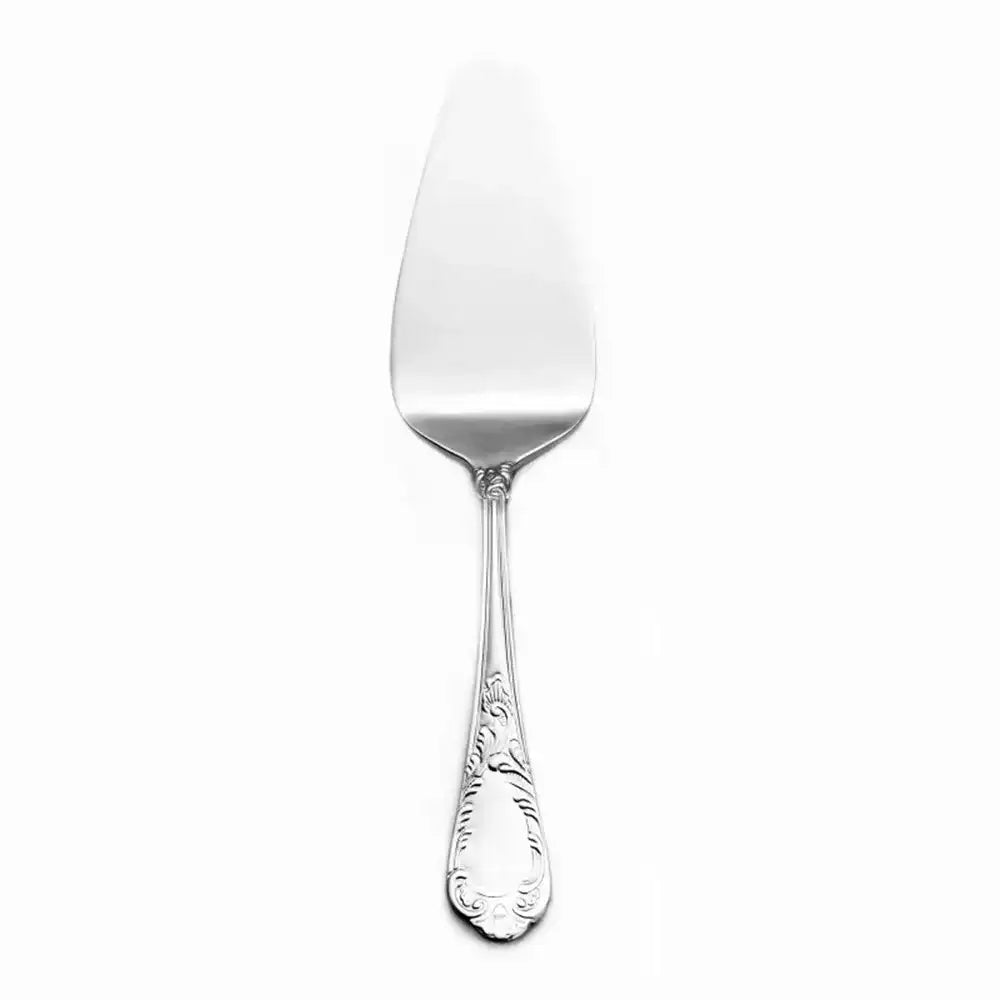 Silver cake server on a white background