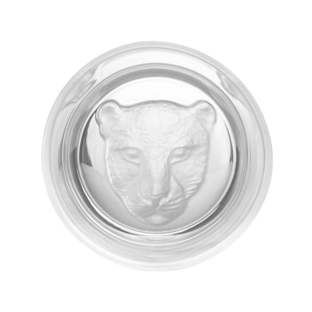 Clear glass with a panther design on a white background