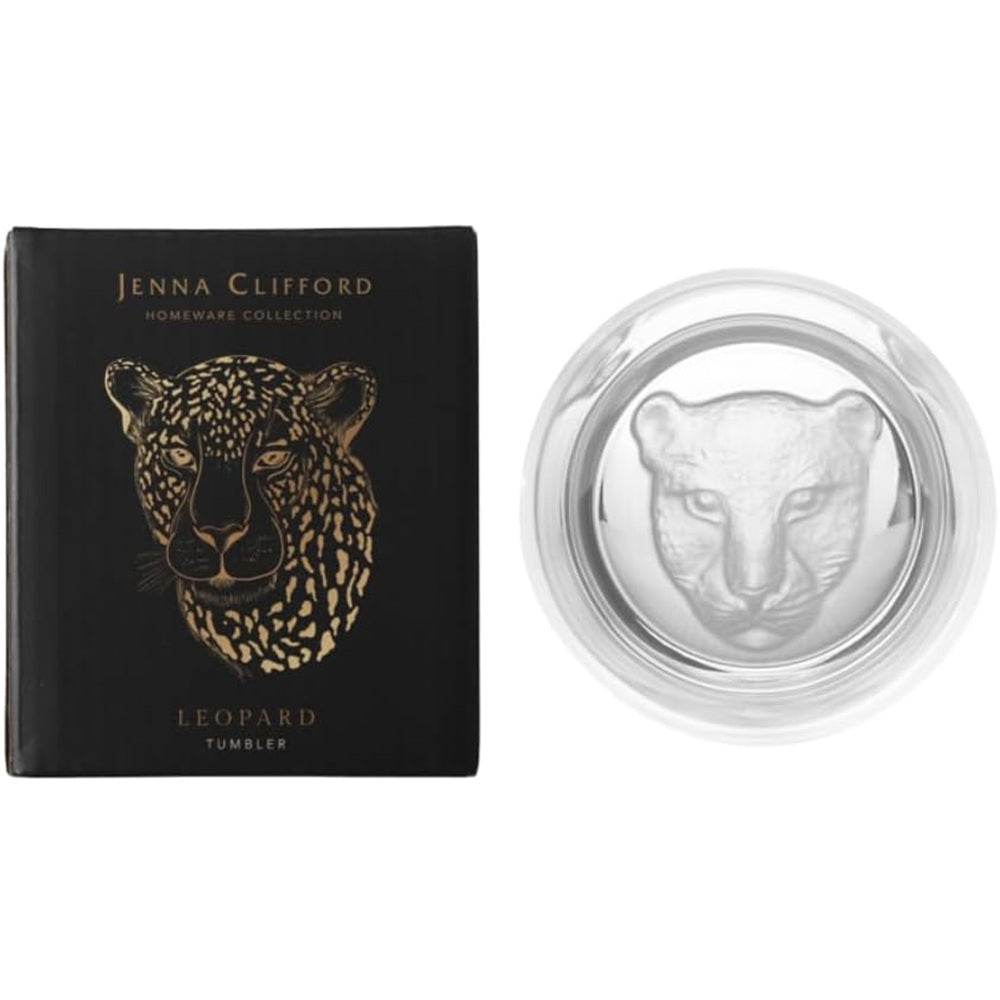 Jenna Clifford leopard tumbler packaging with a silver tumbler featuring a leopard design.