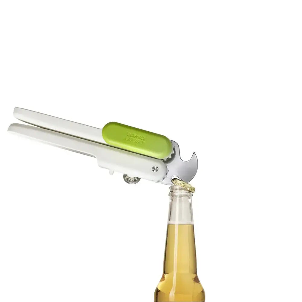 Multifunctional bottle opener with a green handle on a white background