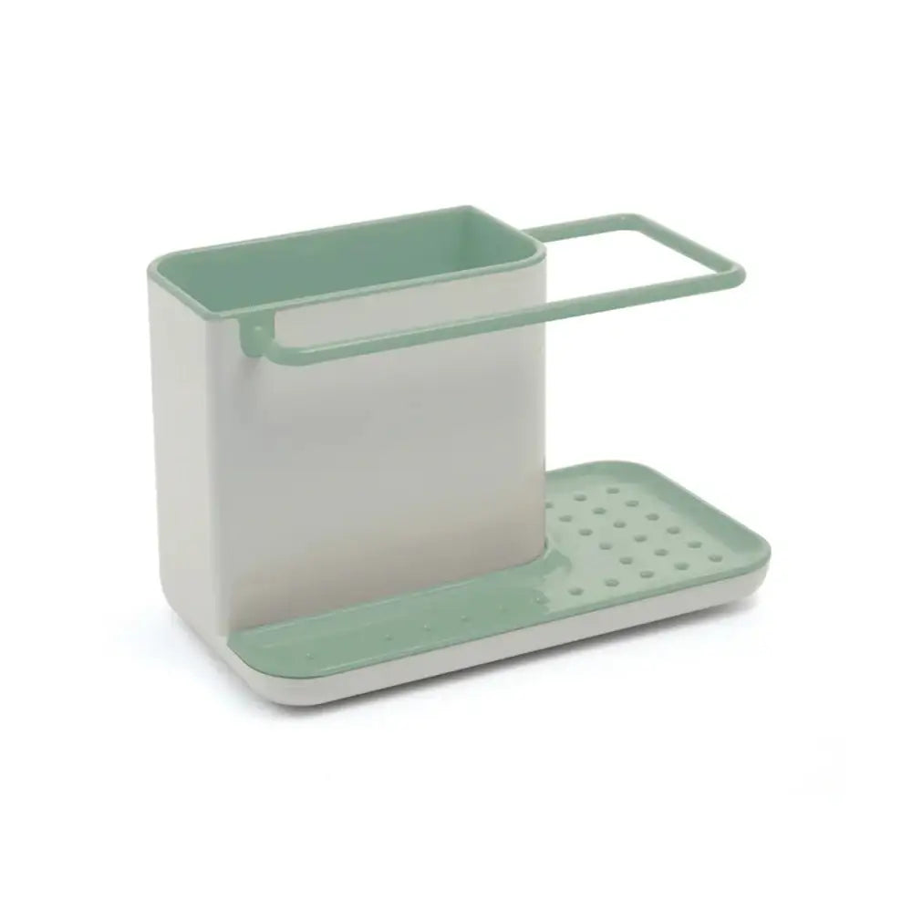 Green and gray kitchen caddy with a handle on a white background