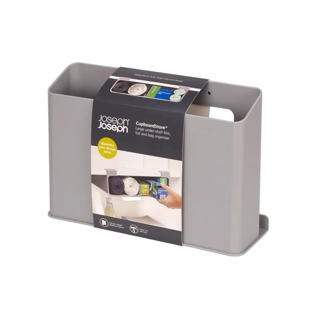 Gray Joseph Joseph CupboardStore large under-shelf bin and bag organizer with its retail packaging, shown on a white background.