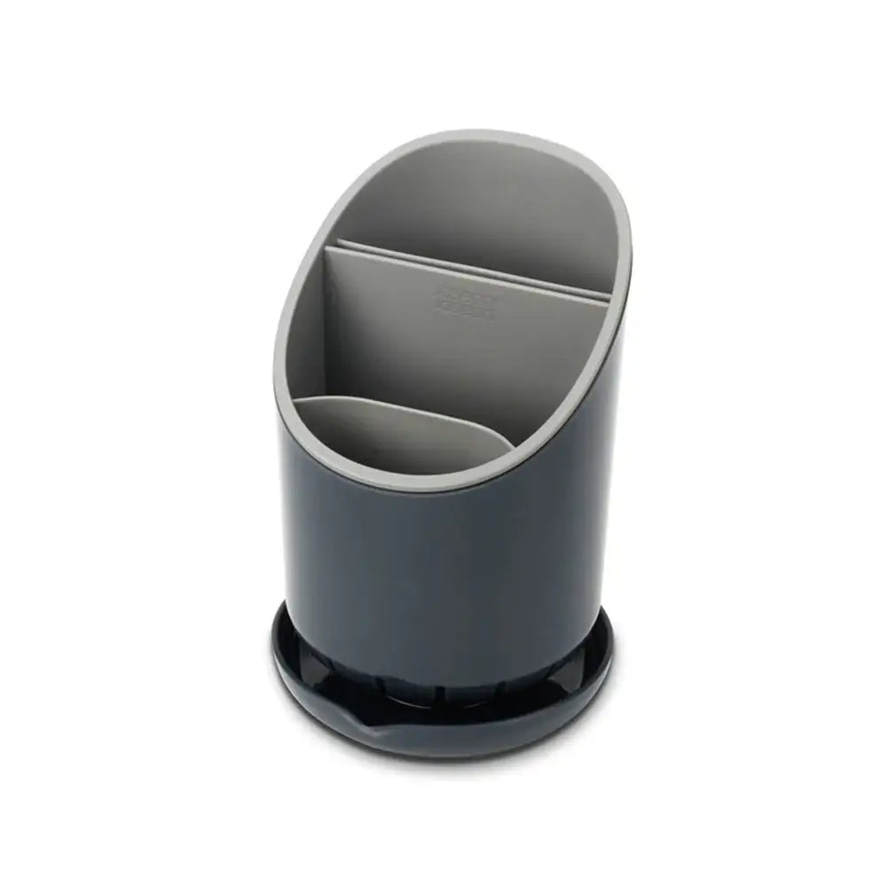 Gray utensil holder with a white background