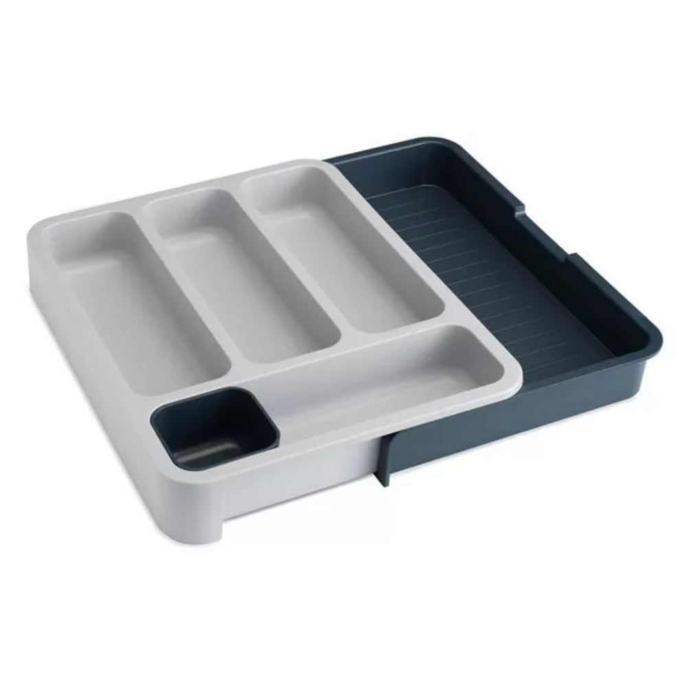 A kitchen drawer organizer insert with three light gray compartments, a small dark gray cup, and a dark gray sliding tray on a white background.