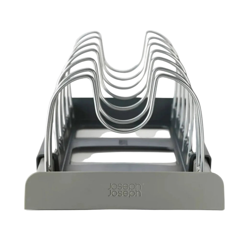 A Joseph Joseph dishwasher-safe glassware holder with a gray base and silver metal wire racks, shown on a clean white background.