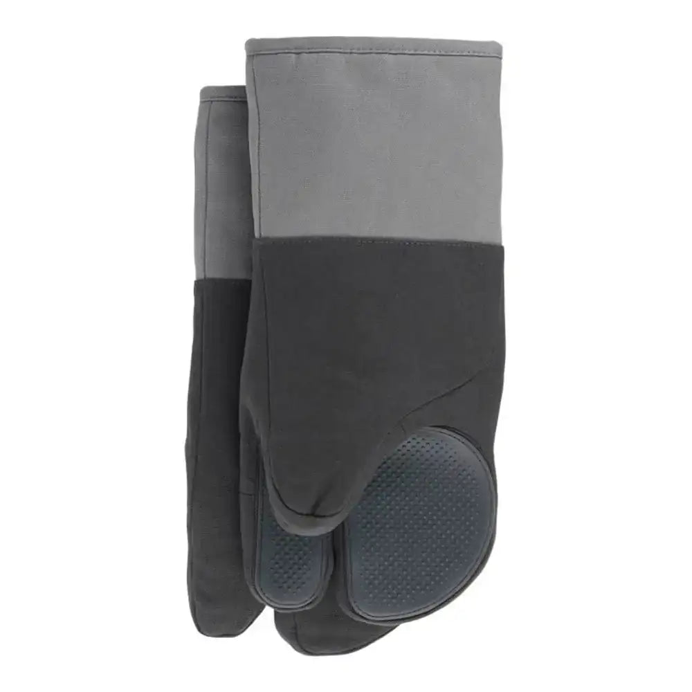 Pair of gray and black oven mitts on a white background