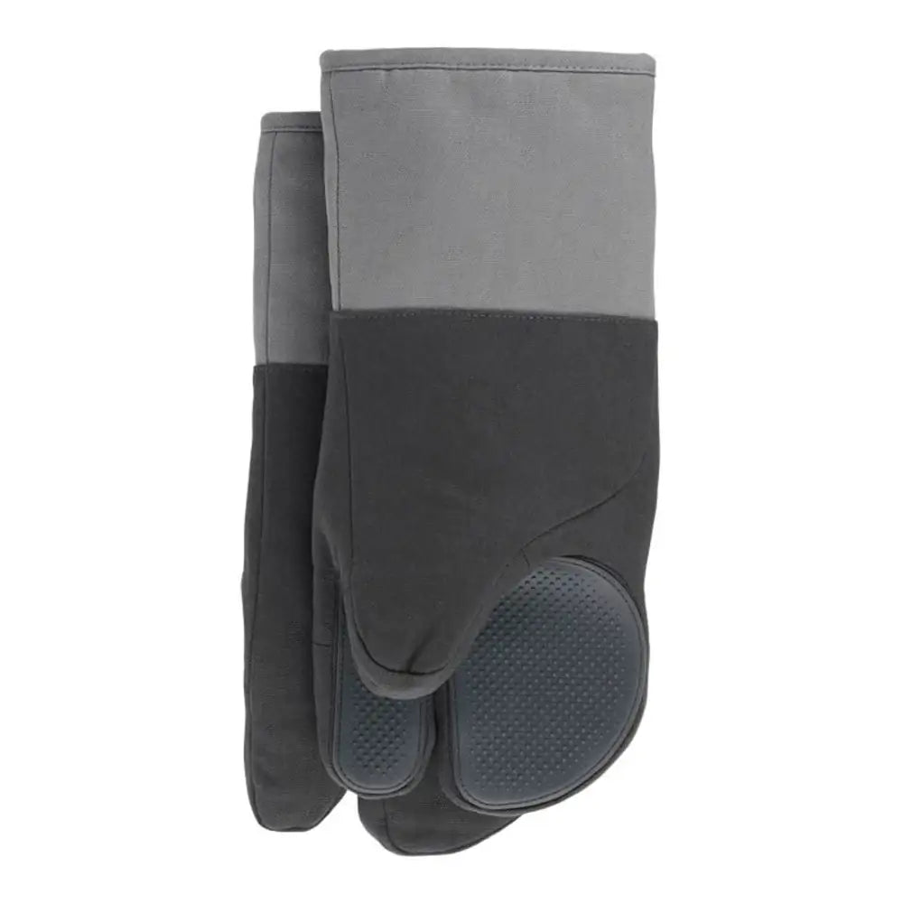 Pair of gray and black oven mitts on a white background