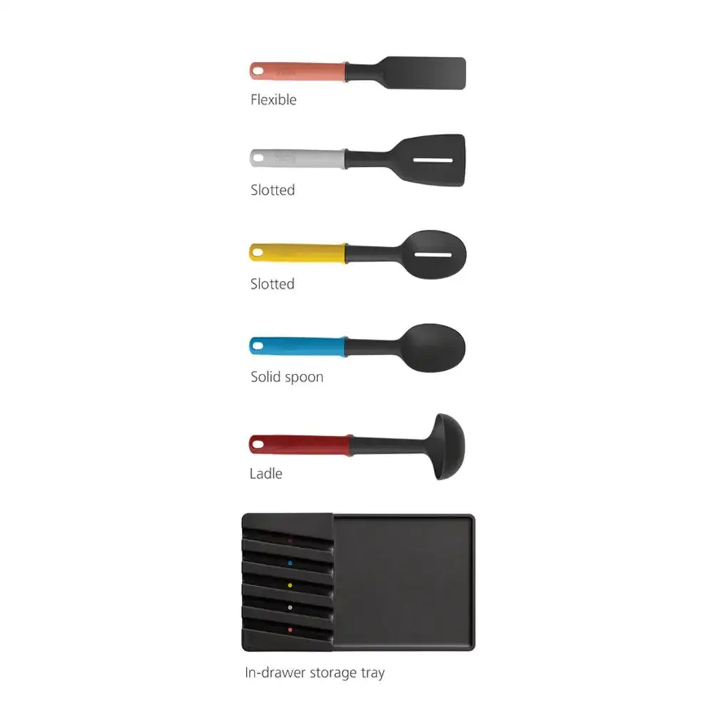 Set of kitchen utensils including spatulas, a spoon, a ladle, and a storage tray on a white background.