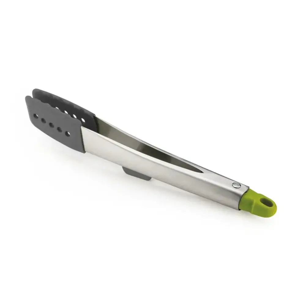 Stainless steel tongs with a green handle on a white background