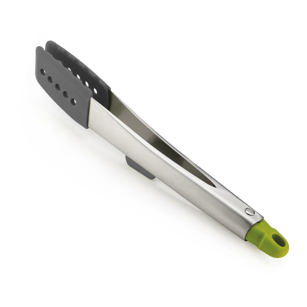 Pair of stainless steel tongs on a white background
