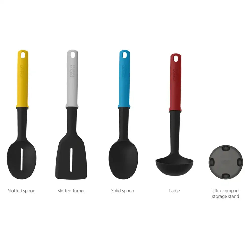 Set of kitchen utensils including slotted spoon, slotted turner, solid spoon, ladle, and ultra-compact storage stand on a white background.