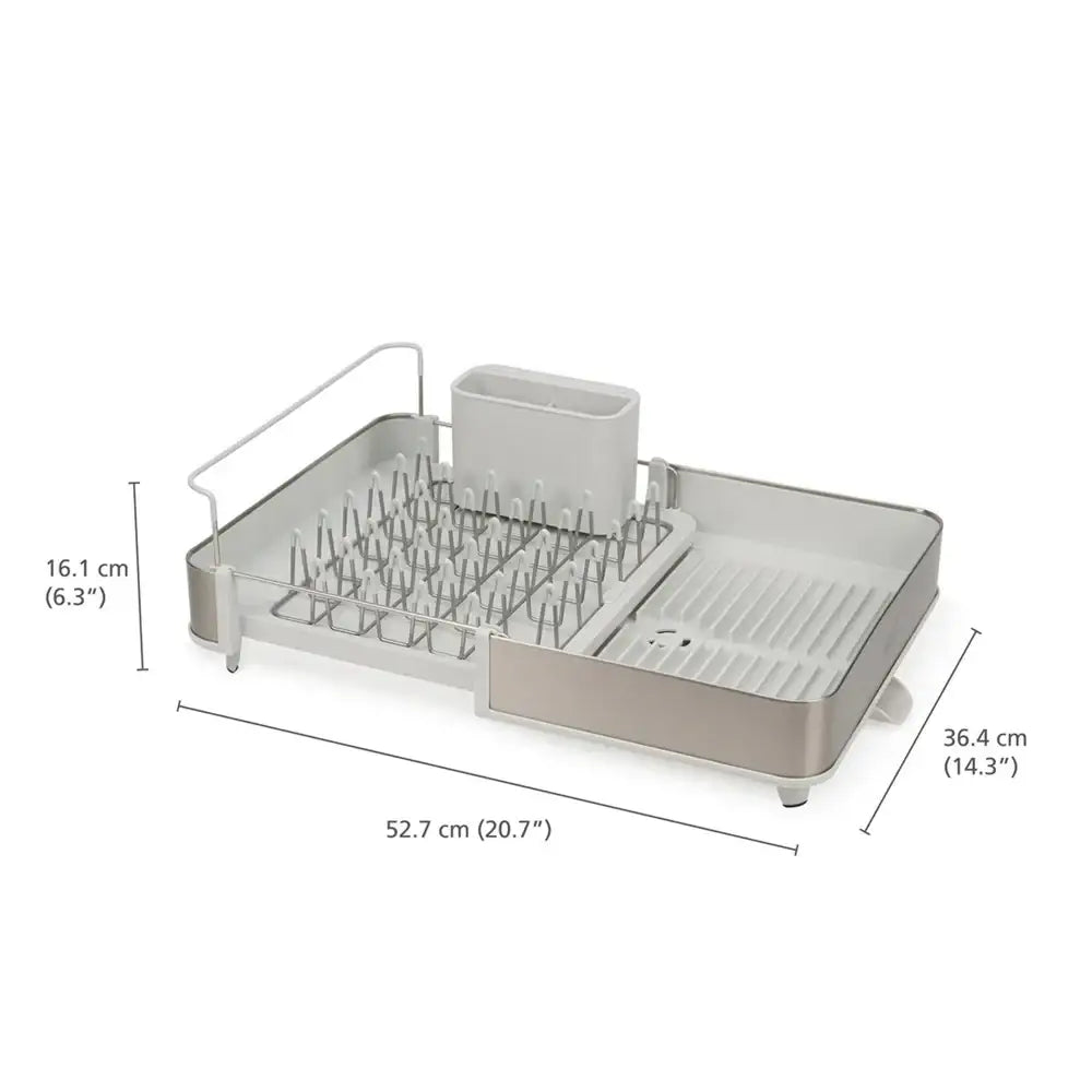 Dish drying rack with dimensions labeled on a white background
