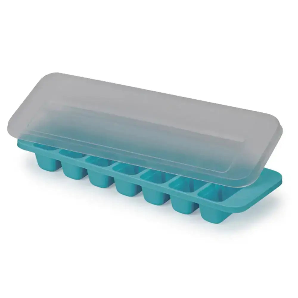 Teal ice cube tray with a clear lid on a white background