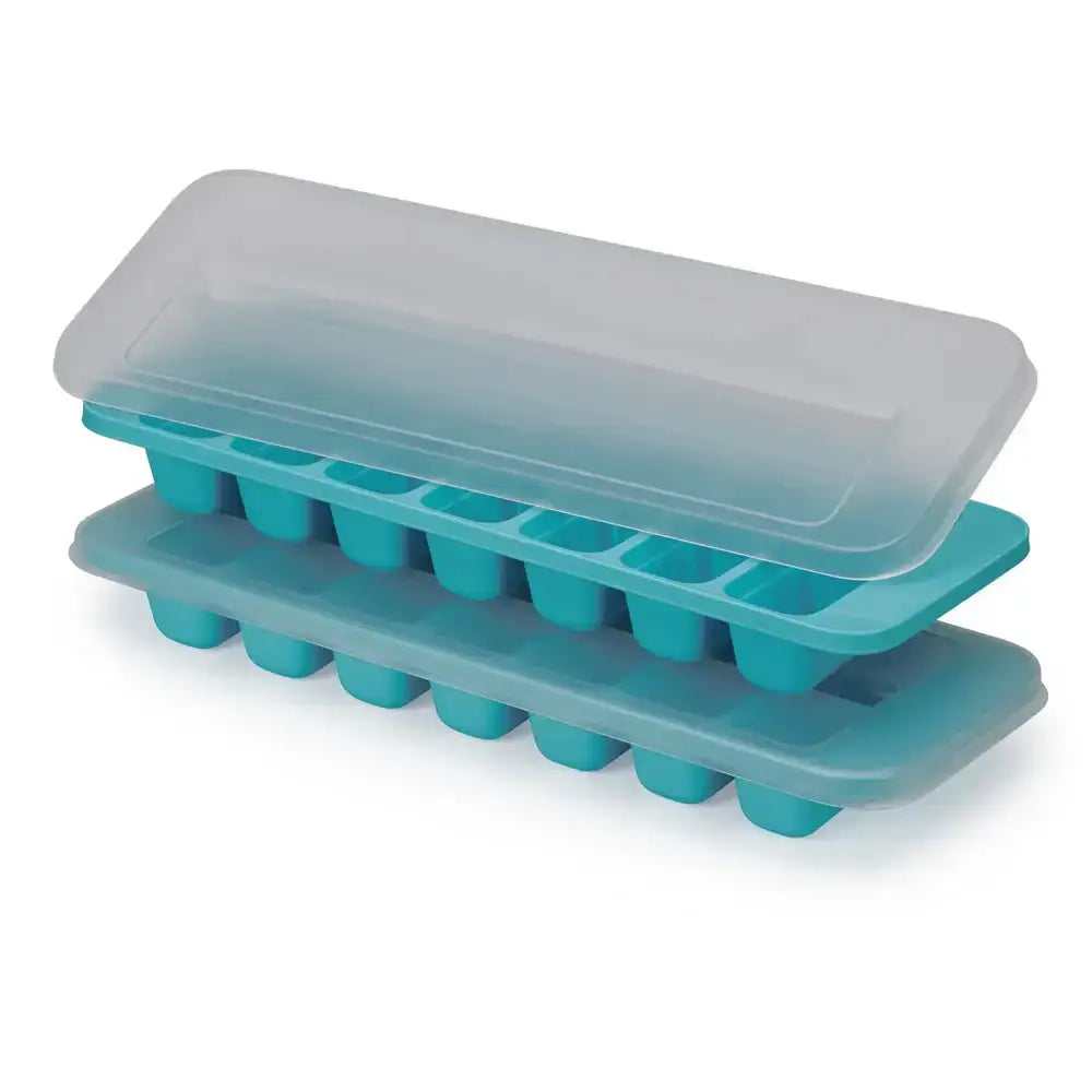 Teal ice cube tray with clear lid on a white background