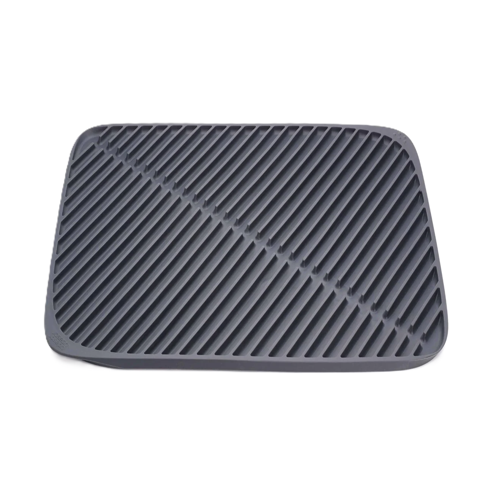 A dark gray rectangular silicone mat with a raised ribbed texture, designed as a kitchen dish drying mat, shown on a plain white background