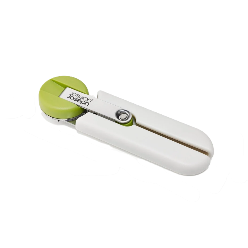 Green and white Joseph Joseph can opener on a white background