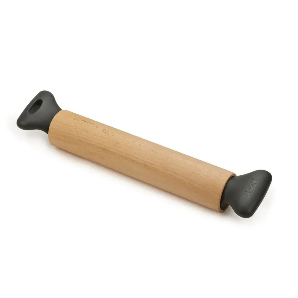 Wooden rolling pin with black handles on a white background