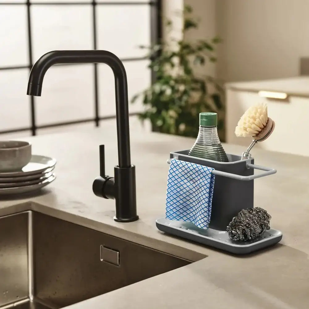 Kitchen sink area with black faucet, sponge holder, and cleaning supplies.
