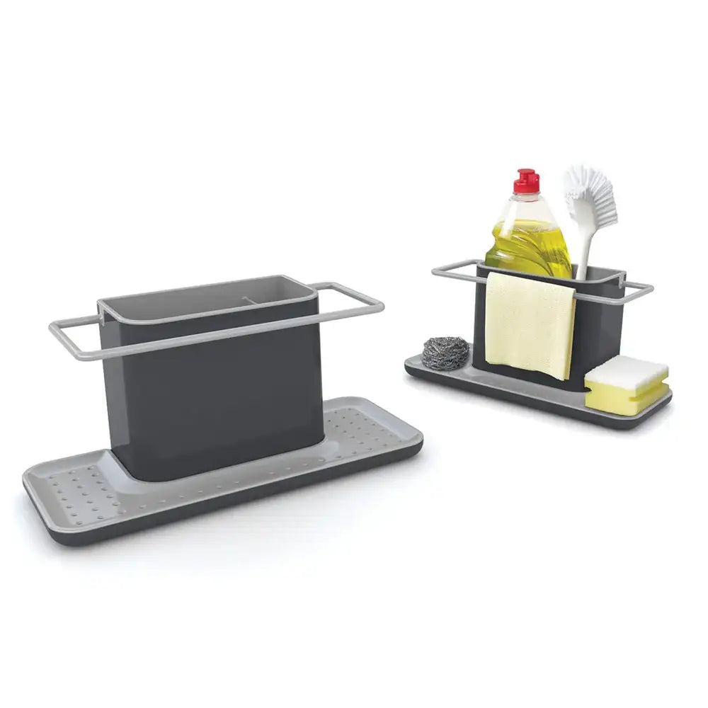 Gray kitchen sink caddy with various items on a white background