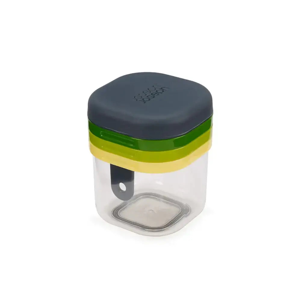 Clear container with a dark gray lid featuring green and yellow bands on a white background
