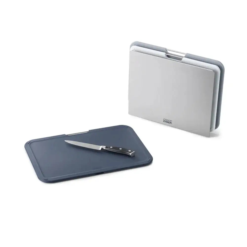 Blue cutting board with knife and gray knife sheath on a white background