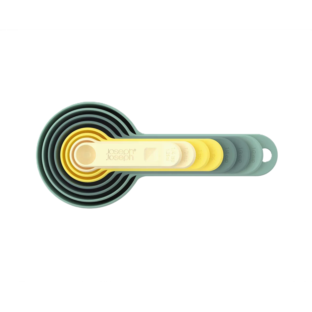 Joseph Joseph multi-coloured measuring spoons on a white background  