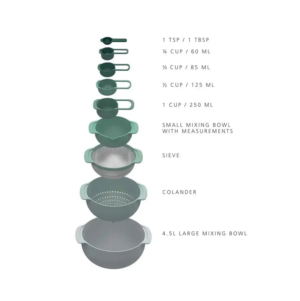 Set of green mixing bowls with measurements on a white background