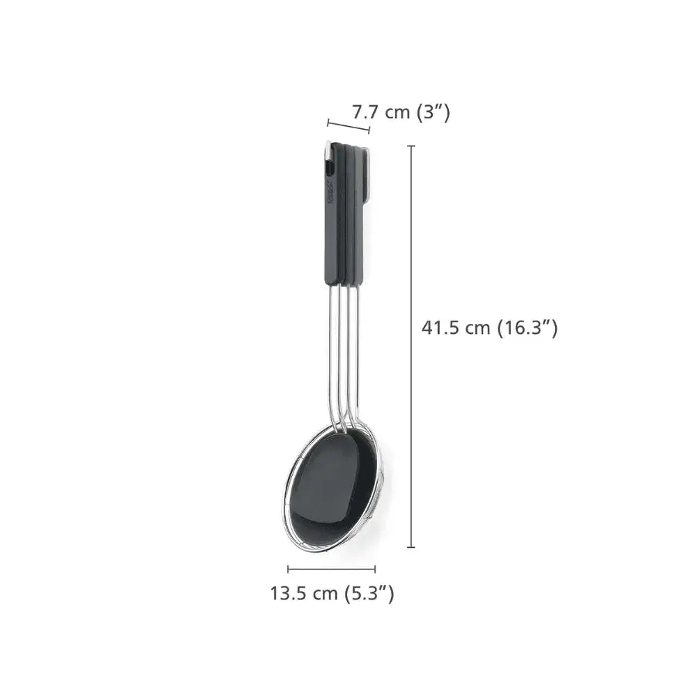 Black spoon with measurements on a white background