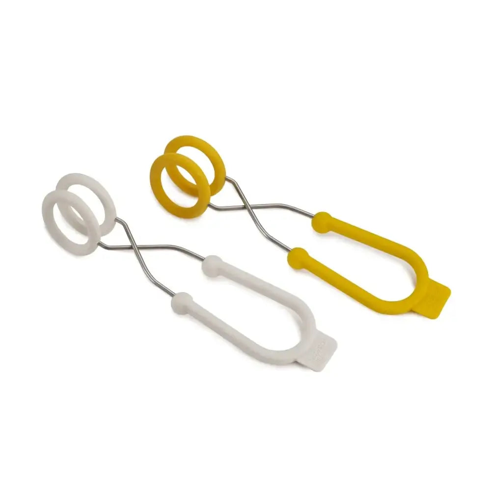 Pair of tongs with yellow handles on a white background