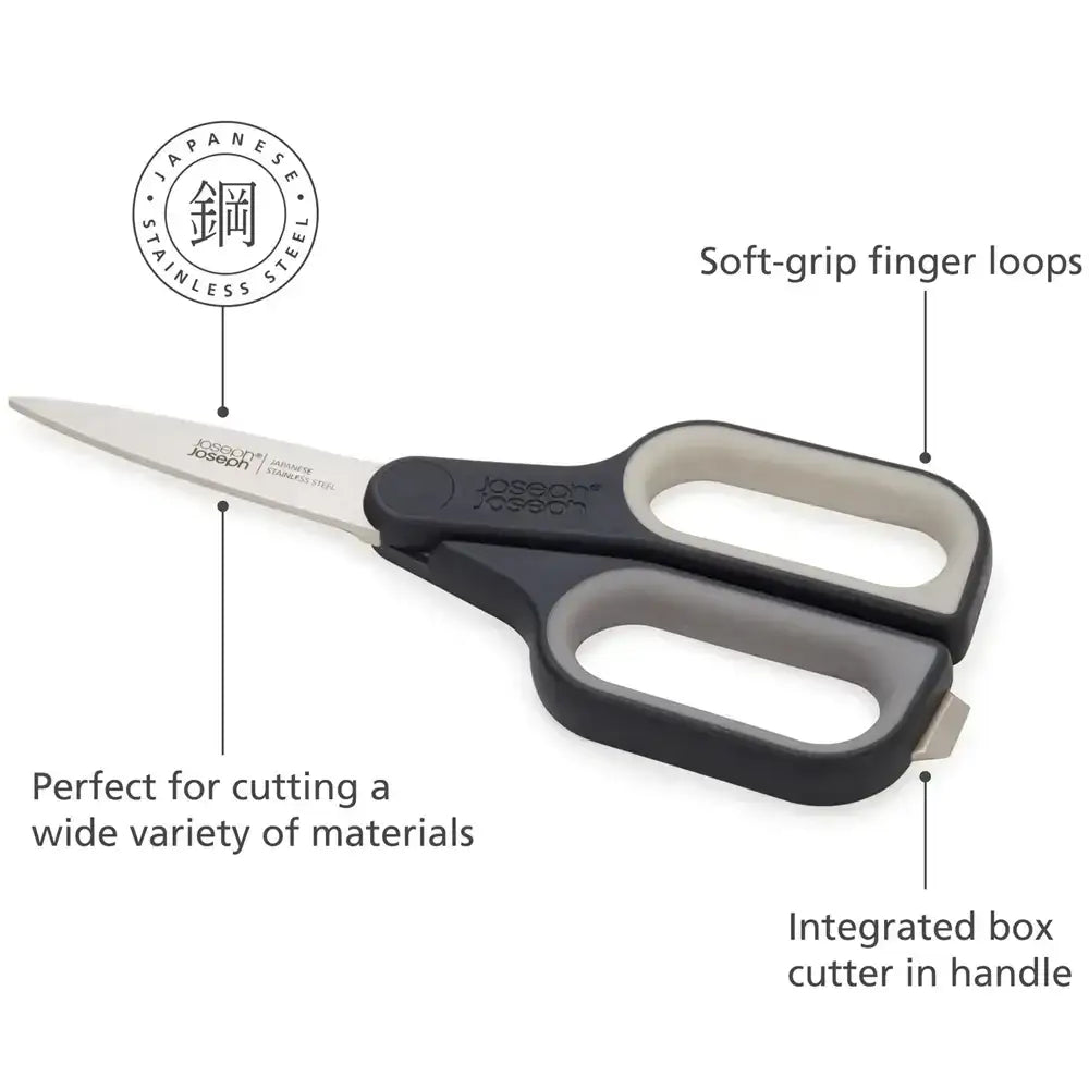 Scissors with soft-grip finger loops and integrated box cutter on a white background