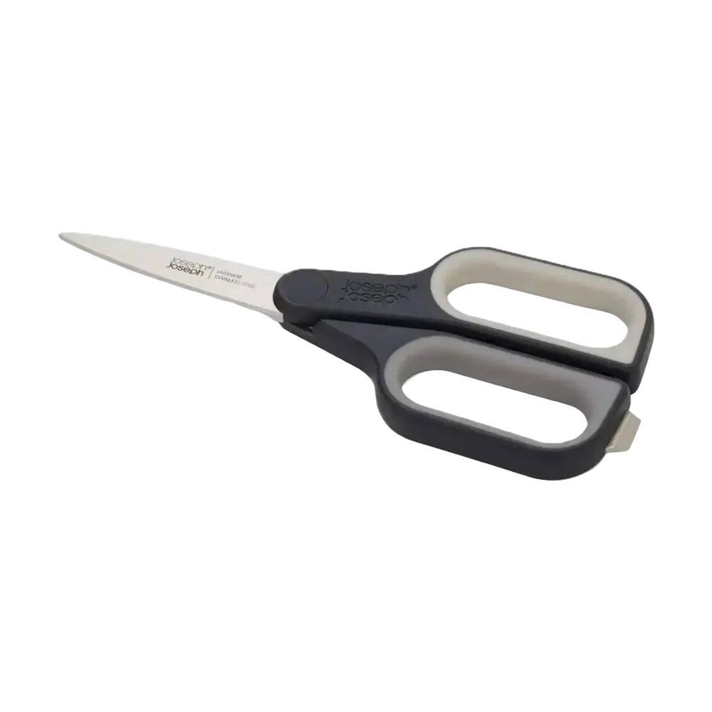 Pair of scissors with black and gray handles on a white background
