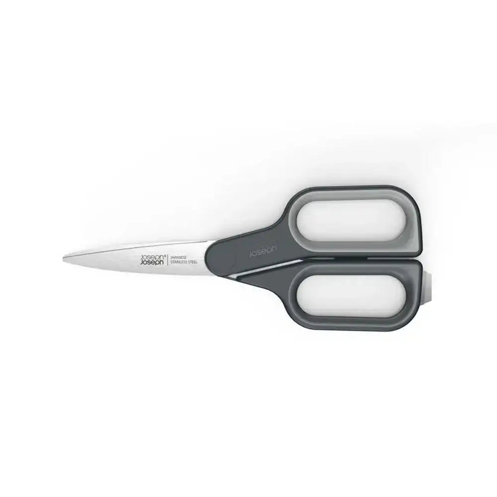 Pair of scissors with gray handles on a white background