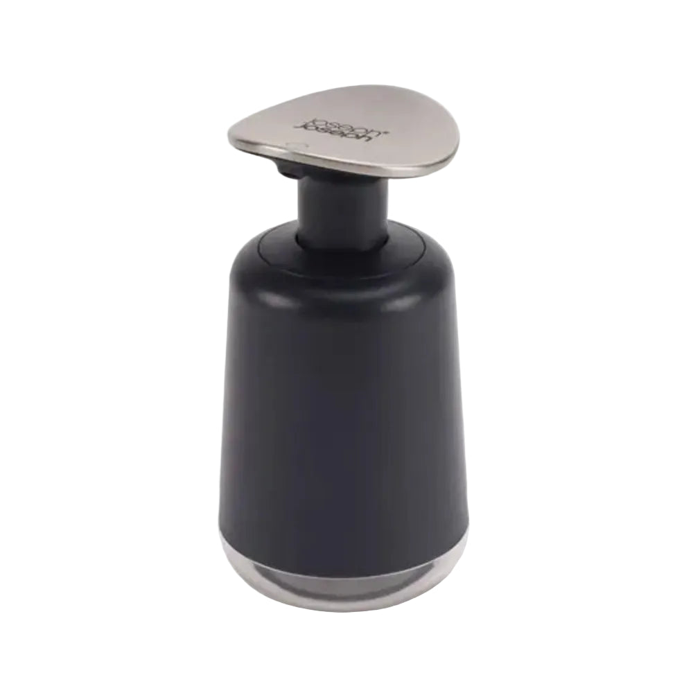 A modern countertop pump dispenser with a matte black body and a brushed silver stainless steel top and base, featuring the 'BUNN' brand logo on the top surface.