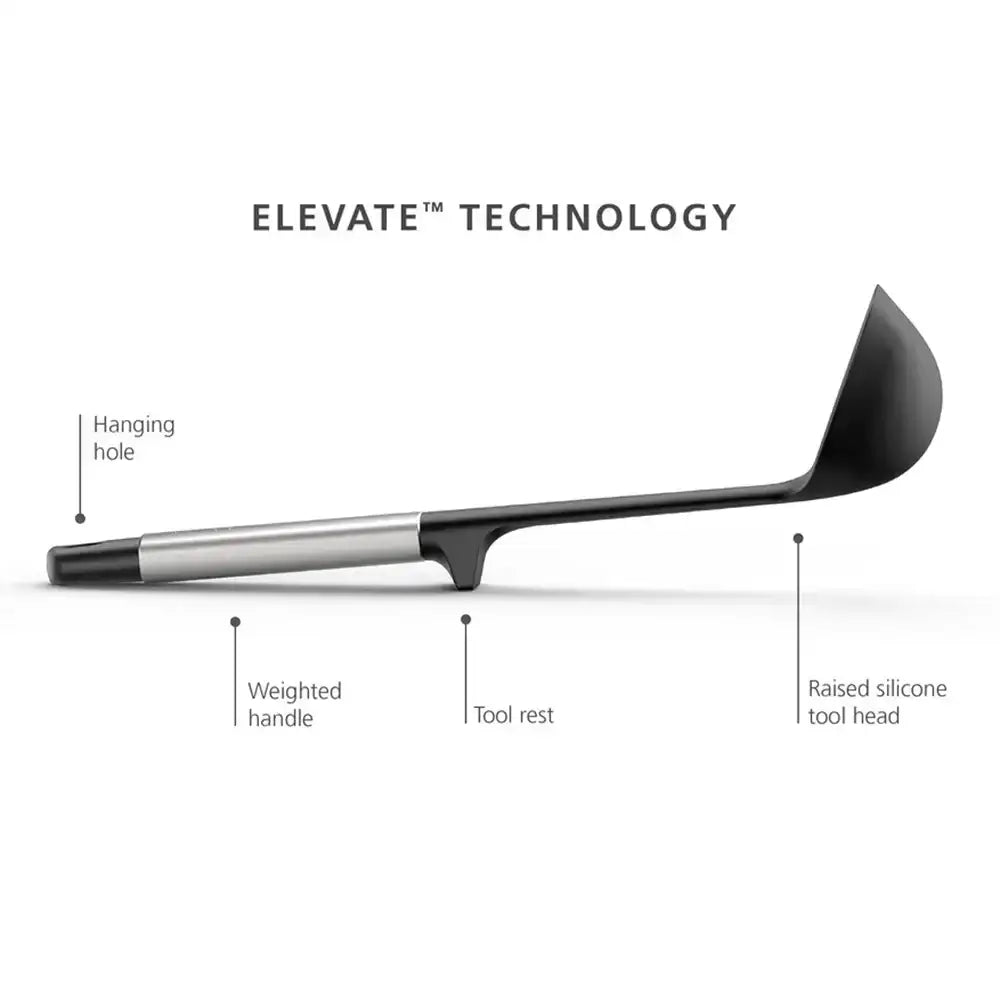 Black kitchen tool with labeled features on a white background