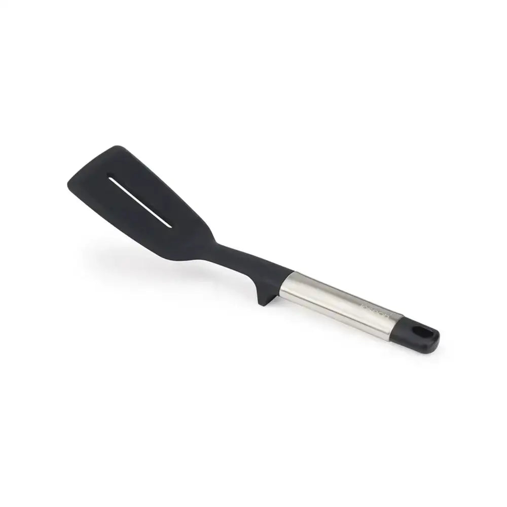 Black spatula with a metal handle on a white background