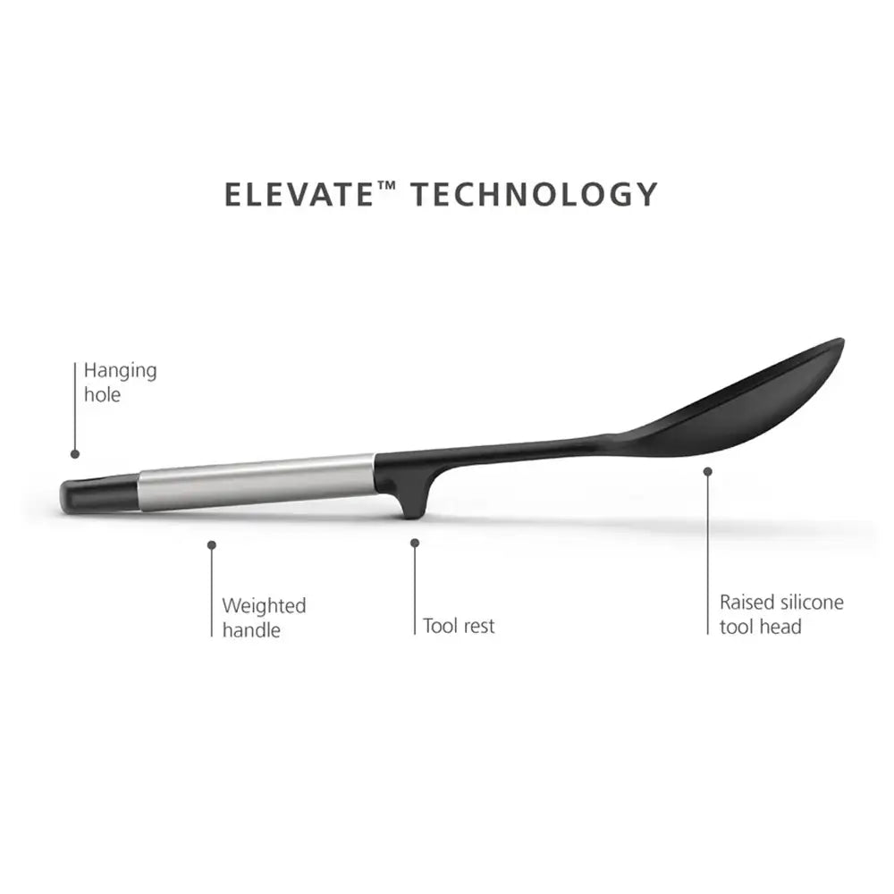 Black kitchen utensil with labeled features on a white background