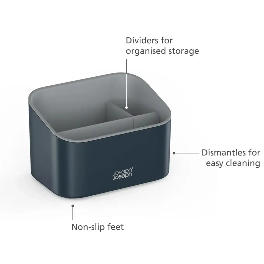 Gray and navy storage caddy with features labeled on a white background