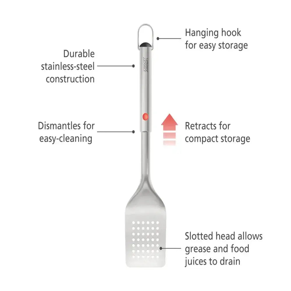 Spatula with features labeled on a white background