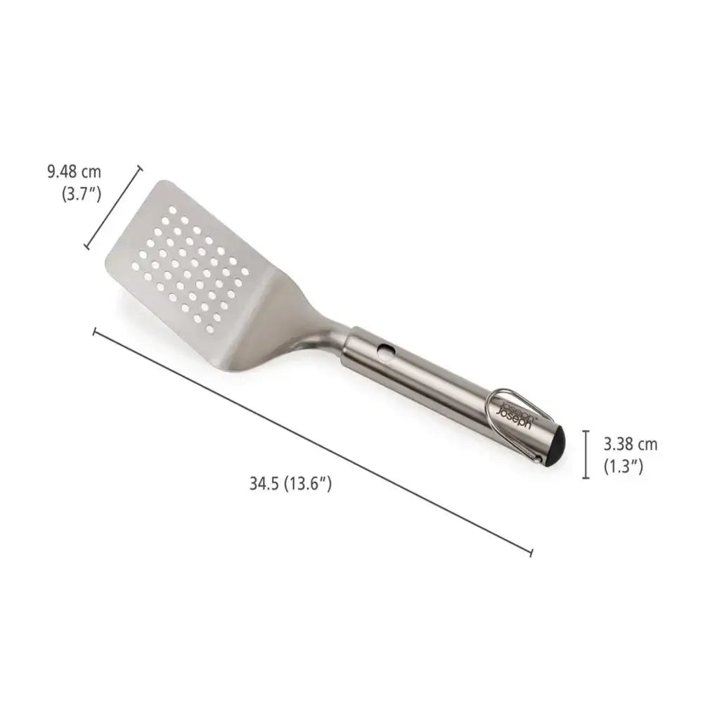 Measurement chart of a kitchen spatula with dimensions labeled on a white background