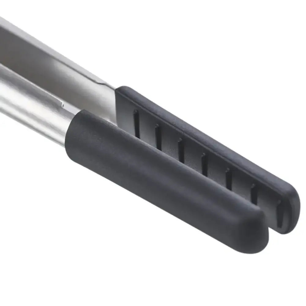 Close-up of a metal tool with black handles on a white background