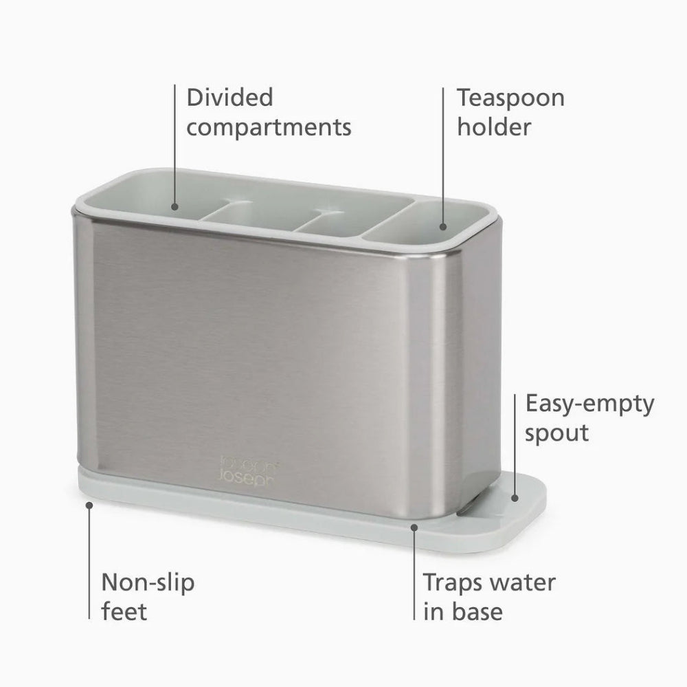 Silver kitchen utensil holder with labeled features on a white background