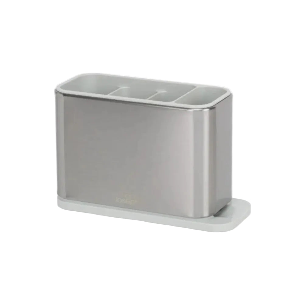 Stainless steel sink caddy with Joseph Joseph logo on a white background