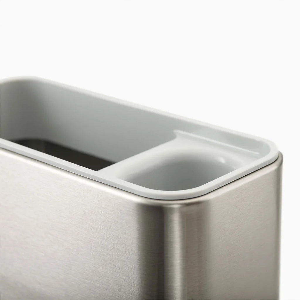 Metallic rectangular container with a lid on a white background