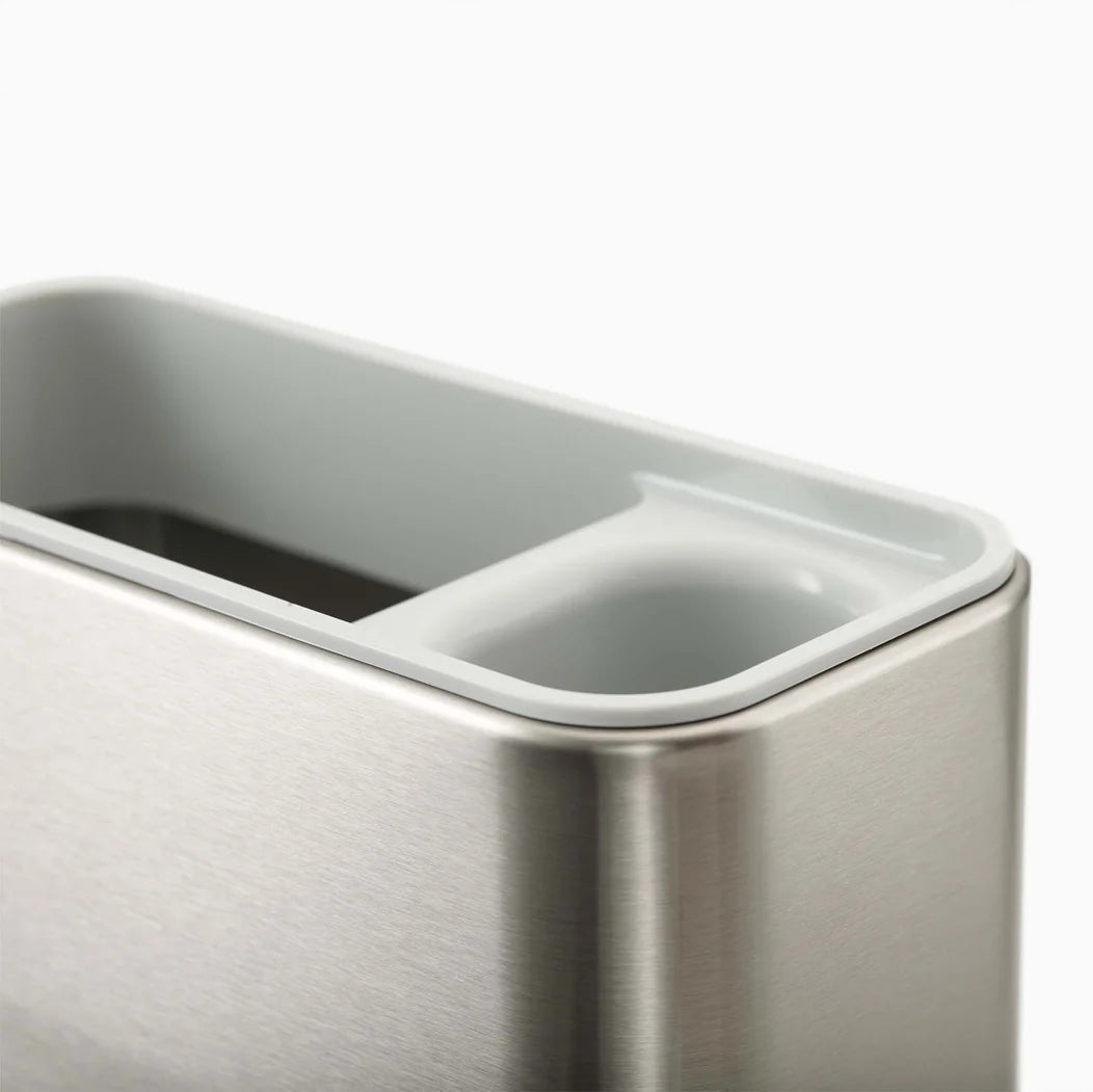 Metallic rectangular container with a lid on a white background