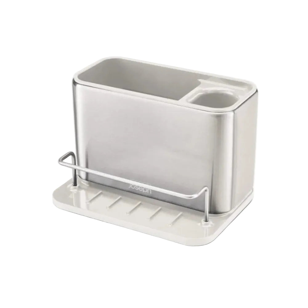 A modern white and silver kitchen sink organizer with a rectangular cup holder, a built-in toothbrush holder, and a lower drying rack, shown on a white background.