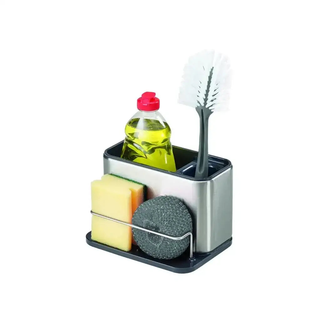 Kitchen utensil holder with sponge, brush, and bottle on a white background