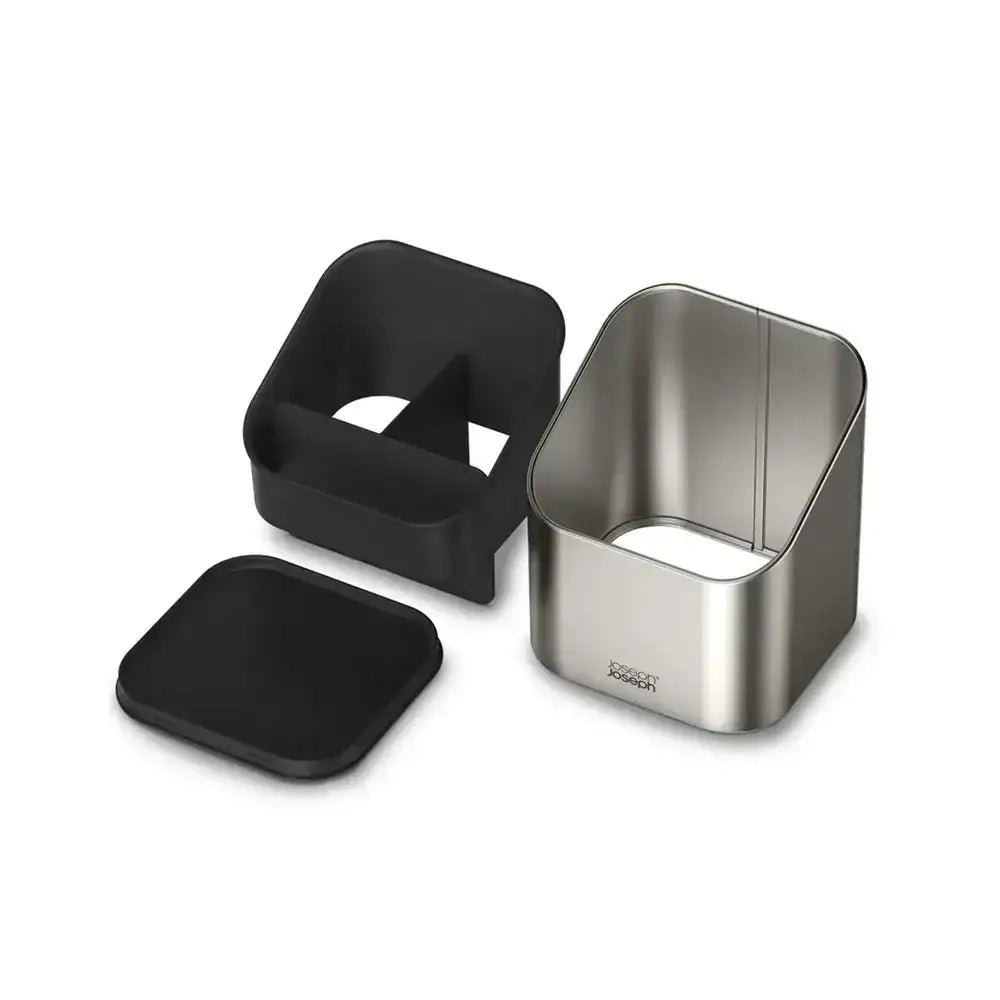 Stainless steel and black rubber kitchen tool on a white background