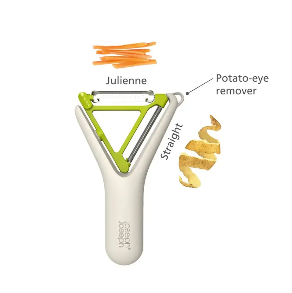 Multifunctional vegetable peeler with labeled parts on a white background